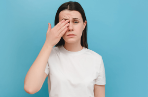 A lady in a white shirt constantly feels eye pain and feels something in eye. iLux treatment can help to relieved dry eyes syndrome