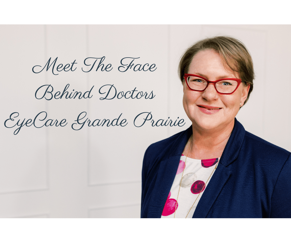 An image of Dr. Shonah Finlay, owner and optometrist at Doctors EyeCare Grande Prairie. The image has text over it that says "Meet the Face Behind Doctors EyeCare Grande Prairie"