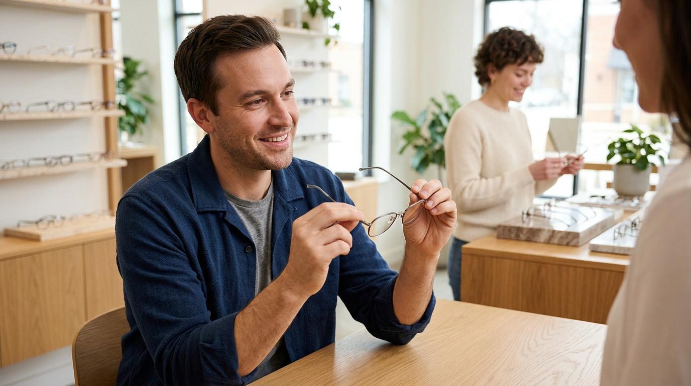 A person holding a pair of glasses in their hands while talking to an optometrist