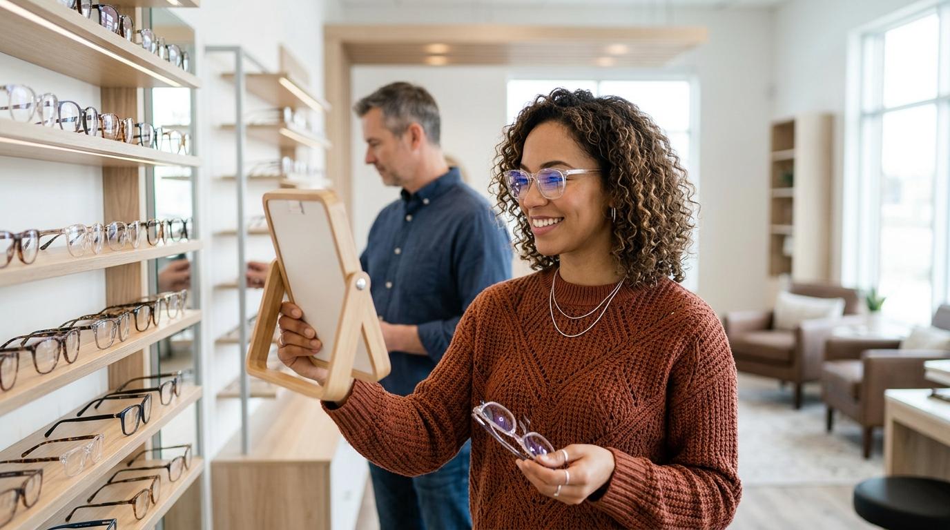 A person looking at a pair of glasses they are trying on at the optometrists