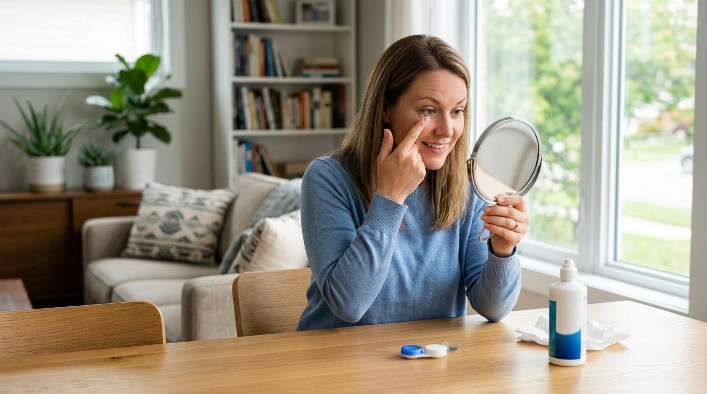 a person putting a contact lens in their eye while looking at a handheld mirror