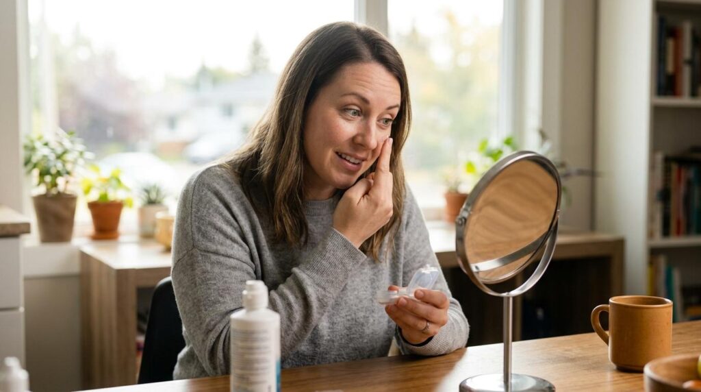 a person putting a contact lens into her eye using a small mirror at her counter in her home