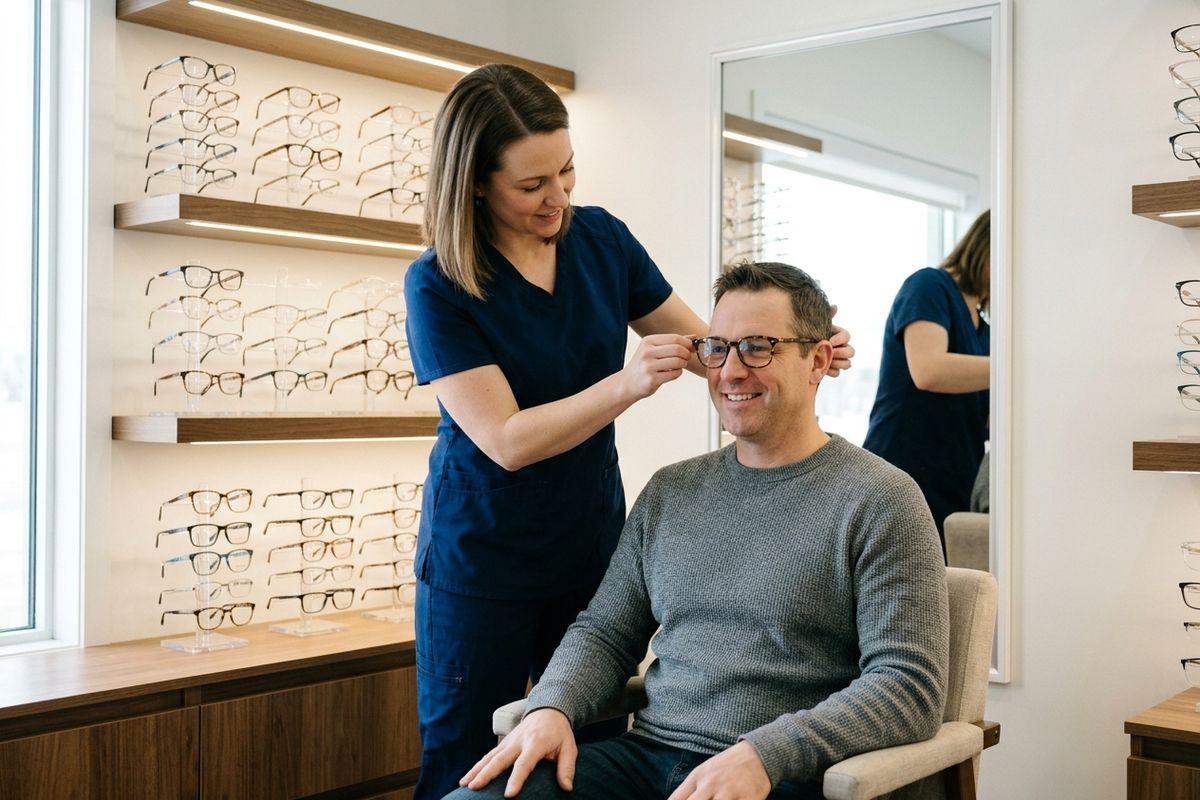 Optician placing eyeglasses on a seated adult, with frames displayed on shelves and a mirror behind them.