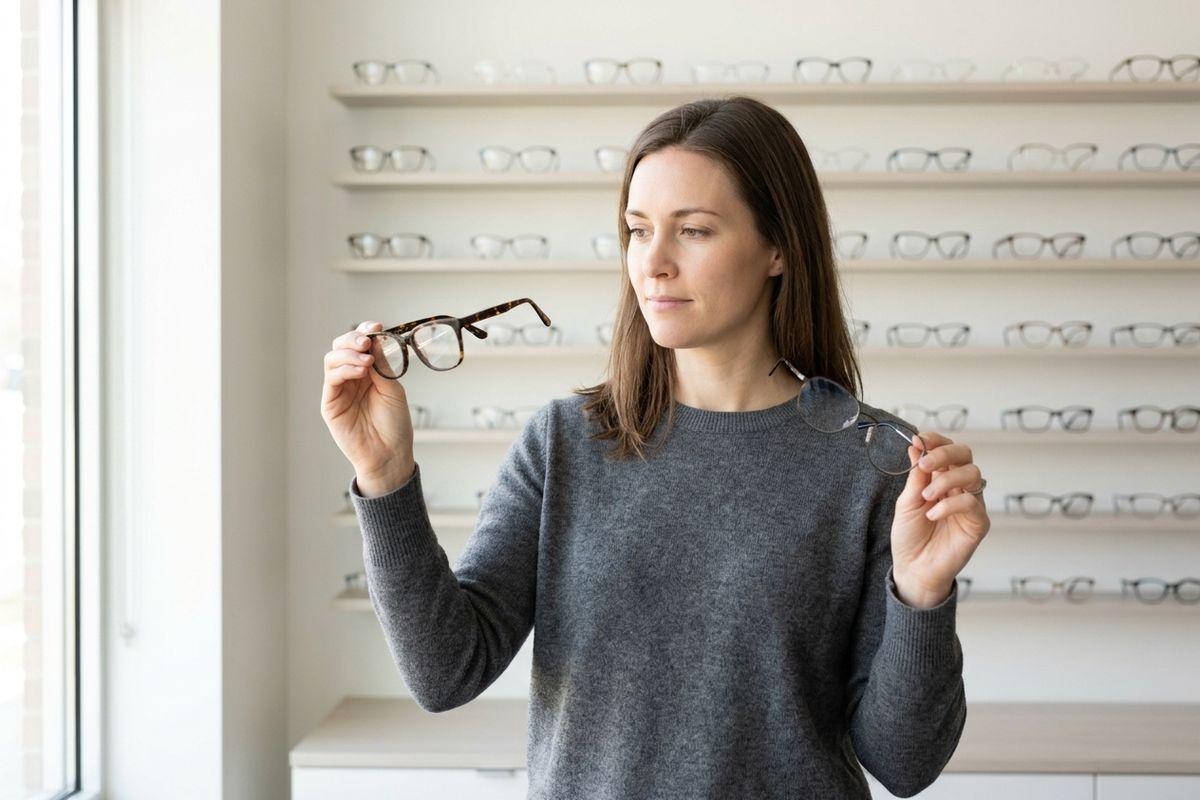 Person in a grey sweater holding up two pairs of eyeglasses, comparing them in front of shelves of frames in an optical store.