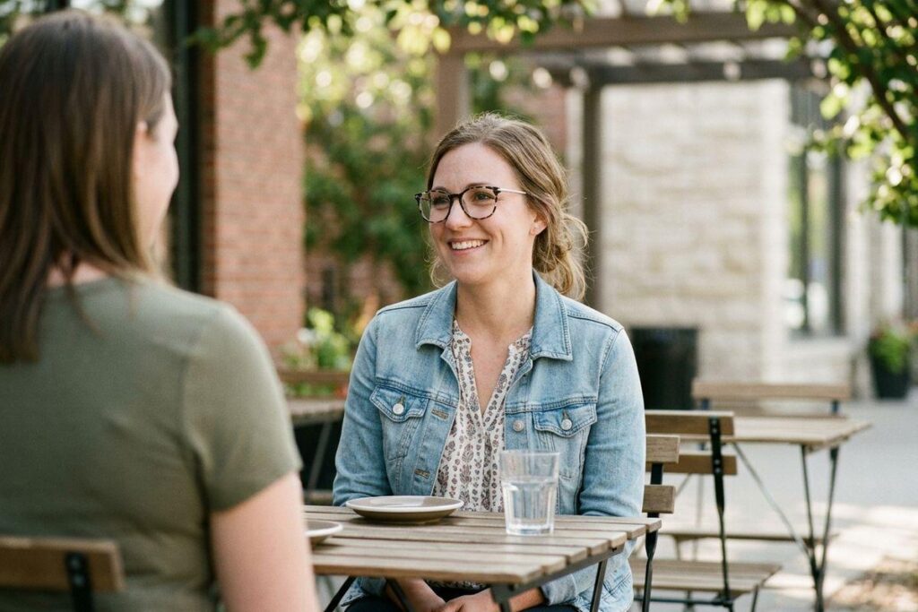 Two adults sit at an outdoor café table; one in a denim jacket and glasses smiles across the table.