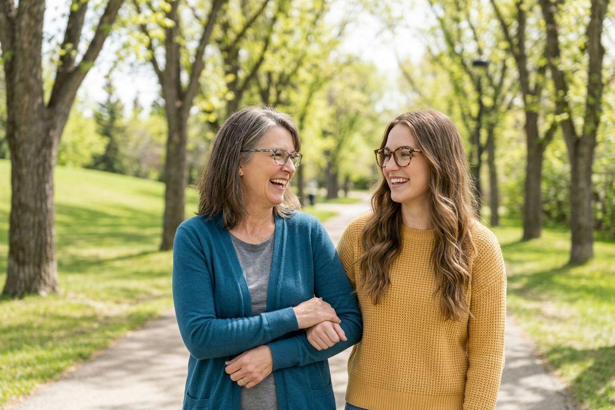Two adults wearing glasses walk arm in arm on a park path lined with trees, laughing and looking at each other.