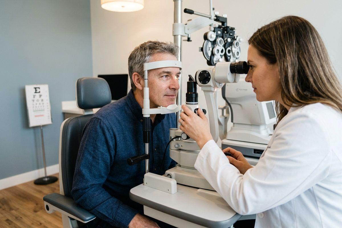 Optometrist looks through a slit lamp to examine a seated patient's eyes in an exam room with an eye chart in the background.