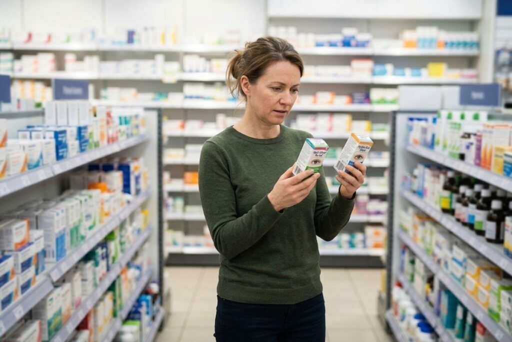 Person standing in a pharmacy aisle, comparing two boxes of eye drops with a focused expression, surrounded by stocked shelves.